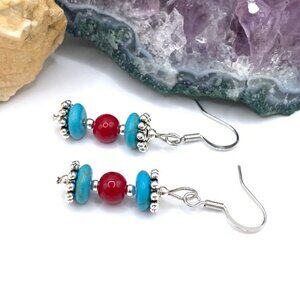 Turquoise Red and Silver Beads Dangle Handmade Pierced Earrings LR145
